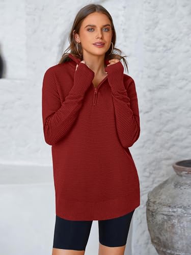 Image of PRETTYGARDEN Womens Long Sleeve Quarter Zip Pullover Sweater | Casual Loose V Neck Sweaters with Thumb Hole, Collared Ribbed Knit Jumper Tops, Oversized Tunic Tops, Fall Outfits 2026