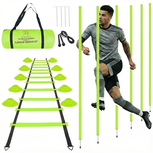 AI SPORTS Speed & Agility Training Platinum Kit Football Training Equipment with 1× Agility Ladder 6× Slalom Poles 10× Training Cones 1× Skipping Rope & 1× Carry Bag (Fluorescent Yellow)