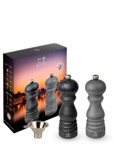PEUGEOT - Geschenkset Émotion Graphite - Pfeffermühle + Salzmühle 18 cm + Schwarzer Tan Hoi Pfeffer - u‘Select-System - PEFC-zertifiziertes Holz - Graphit Leicht
