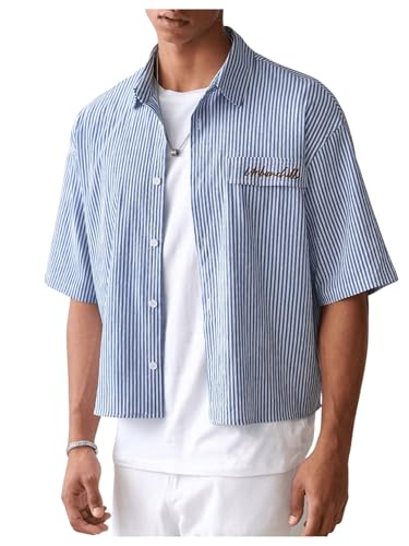 GORGLITTER Men's Striped Button Down Up Cropped T Shirt Letter Graphic Flap Short Sleeve Collar Top Blue Medium