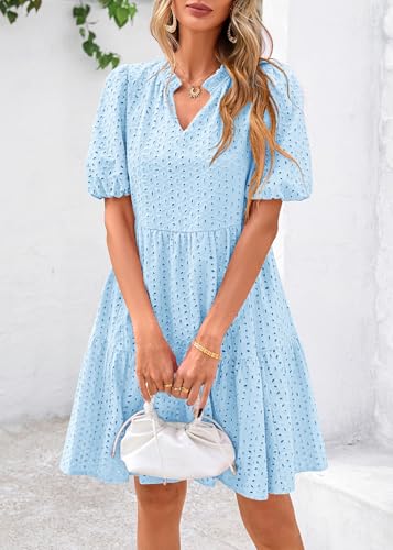 Image of KIRUNDO Eyelet Summer Dresses for Women 2026 Mini Casual Hollow Out Short Sleeve Lace Tiered V Neck Shift Dress Pockets