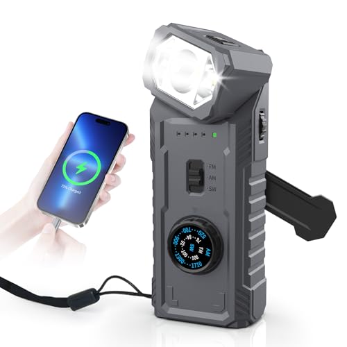 Magnétique Radio Dynamo Survie, 2000mAh Power Bank FM/AM/SW Mini Radio Portable Rechargeable Rotation à 180° Lampe Torche LED Alarme SOS Kit de Survie pour Randonnée, Materiel Camping