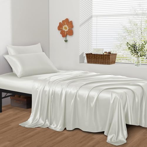 Image of SiinvdaBZX 4-Piece Cot Sheet Set 31 inch x 75 inch, Ivory White Satin Cot Size Sheets Silky Soft Rv Bunk Bed Sheets for Narrow Twin /Camp Bunk /Guest Beds /Army Cots /Trifold Mattress