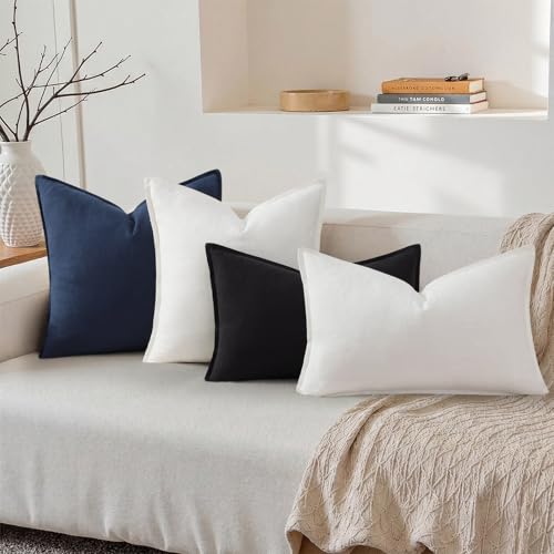 Image of decorUhome Decorative Linen Throw Pillow Covers 12x20 Inch Set of 2 Cream White Lumbar Pillow Covers with Flange Edges Soft Farmhouse Boho Accent Pillow Cases for Couch Bed Living Room