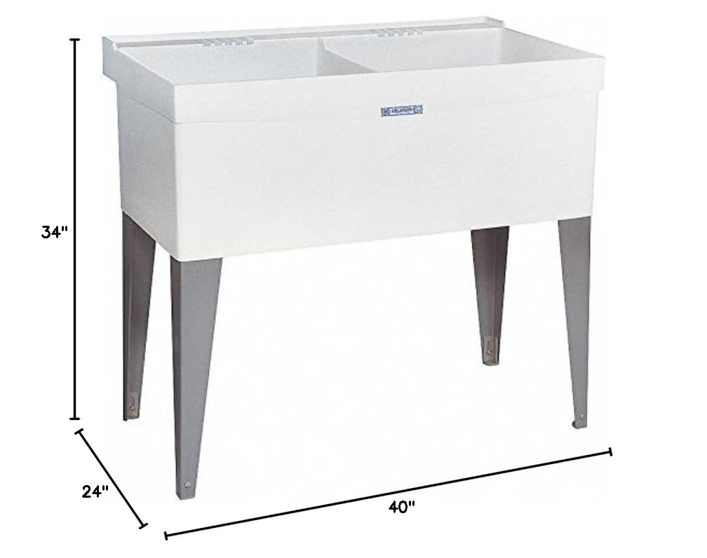 Mustee Floor-Mount Laundry Tub, 2 Bowl, White, 24"L x 40"W x 34"H