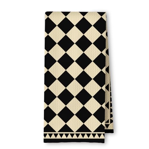 ArtisaEura Boho Neutral Checkered Kitchen Towels, Beige and Black Checkered Dish Tea Towels for Kitchen Decor, Trendy Retro Hand Towels for Bathroom Decor, 16x24 Inches
