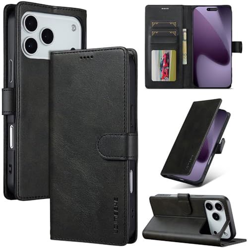 Étui iPhone 16 Pro Max noir avec protection écran clapet magnétique et portefeuille intégré