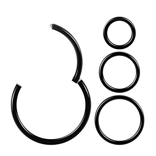 SEVEN LADY Nose Rings Hoop 4pcs 16g 18g 20g Surgical Stainless Steel Septum Piercing Ring Hinged Earrings(18G Black 6mm 8mm 10mm 12mm)