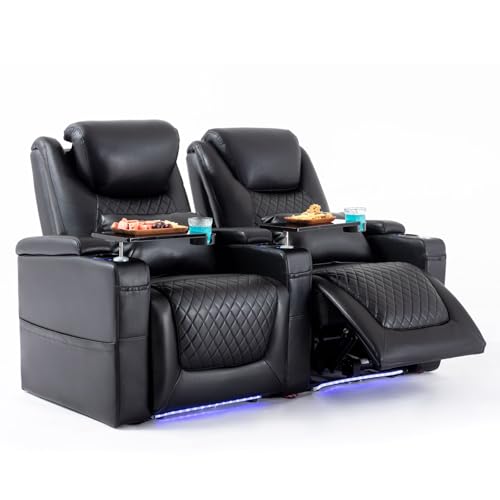 Airadlis Home Theater Seating Seats, Theater Recliner Chair Sofa Game Movie Theater Chairs with 7 Colors Ambient Lighting, Lumbar Pillow, Side Pocket, Tray Table, Power Recline, Black