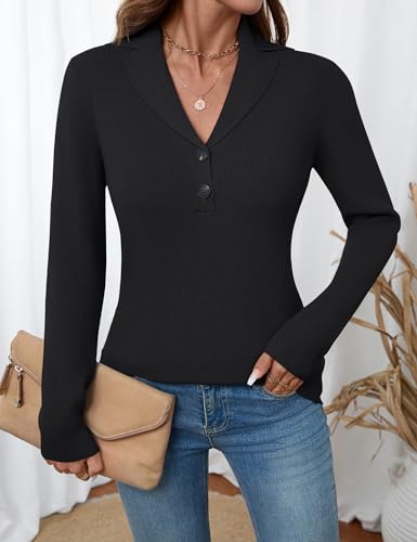 Image of LOMON Sweaters for Women 2025 Fall Knitted V-Neck Collared Button Pullover Dressy Casual Long Sleeve Polo Shirts Business