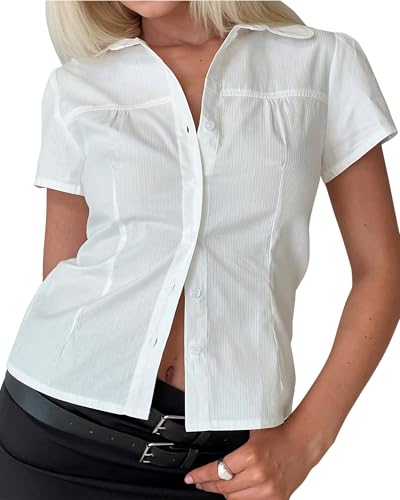 Women Button Down Shirts Ruched Slim Fit Solid Color Lapel Collar Short Sleeve Blouse Y2k Summer Shirt Tops (F-Ivory, XL)