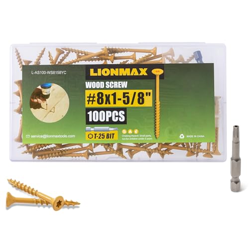 Image of LIONMAX Deck Screws 1-5 /8 Inch, Wood Screws #8 x 1-5 /8 inch, 100 PCS, Rust Resistant, Exterior Epoxy Coated, Outdoor Decking Screws, Torx /Star Drive Head Screw, T25 Star Bit Included, Tan