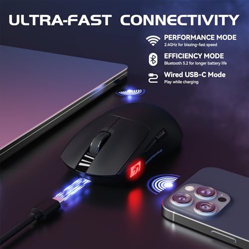 Image of MAMBASNAKE M4 Ultra-Light Wireless Gaming Mouse 52g, 24000 DPI PAW3311 Optical Sensor,2.4G /BT /Wired Ergonomic Computer Mice, RGB Lighting,400mAh Battery, Programmable Mouse for PC /Win /MAC-Black
