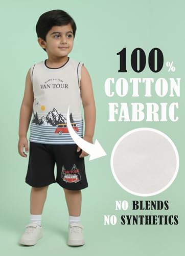 Image of Pure Cotton Sleeveless T-Shirt and Half Pant Set for Boys Kids| Kids boys tshirt and half pant set| Coordinated Set for Unisex kids| Roundneck Tees| Lightweight and Breathable