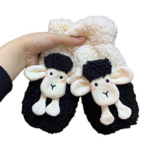 Winter Faux Fleece Gloves Cartoon Sheep Animal Plush Lined Mittens With String