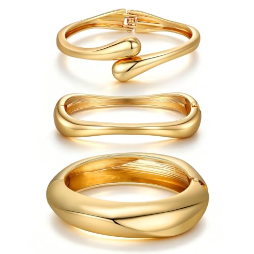 3Pcs Chunky Gold Bangle Bracelets for Women Trendy 14K Gold Plated Cuff Bracelets Stack Dainty Gold Bracelet Sets Non Tarnish Fashion Jewelry Gift