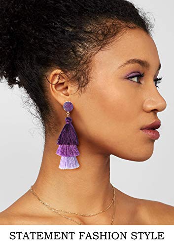 Me&Hz Colorful Layered Tassel Purple Dangle Earrings for Women Statement Large Mardi Gras Tassel Earring Lavender Purple Ombre Birthday Party Christmas Gift