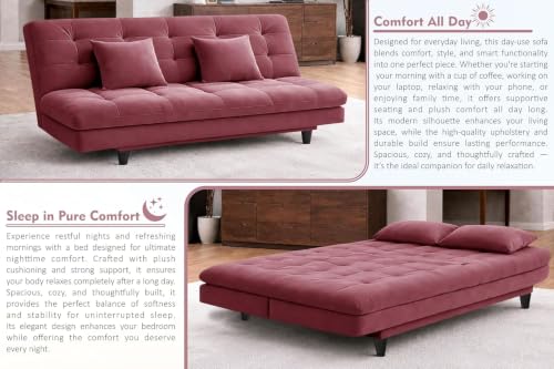 Image of Rosebell Modern Wooden 3-Seater Sofa Cum Bed Foldable Velevt Fabric Sofa for Living Room, Guest Room & Office-Rose Pink-Color