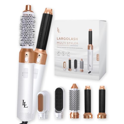 Largolash 5 in 1 Warmluftbürste Set, Schnelltrocknend Föhnbürste, Warmluft Lockenbürste, 3 Temperatur, Auto-Wrap-Lockenaufsatz, Negativ Lonen, 1000 Watt, Keine Hitzeschäden (Weiß)