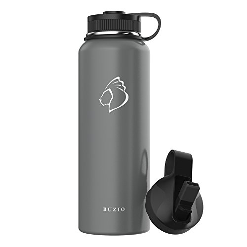 BUZIO Vacuum Insulated Stainless Steel Water Bottle, Wide Mouth with Flex Cap and Straw Lid, 40oz, Graphite