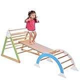 Regenbogen Klettergerüst Indoor| 5 in 1 - Dreieck, Kletterdreieck mit Rutsche, Kletterleiter und Kletterbogen Holz, Wippe |Klettergerüst aus Holz für Kinder|Gym|Spielzeug ab 3 Jahr