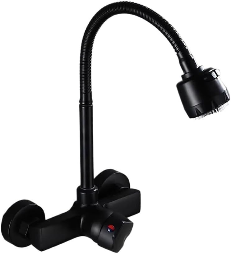 XMKT Black/Brushed Wall-Mounted Kitchen Faucet - 2-Function 360° Rotating Sprayer Hot-Cold Water Sink Tap