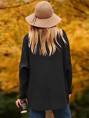 Anrabess Women's Cowl Neck Batwing Sleeve High Low Hem Oversized Sweater 2023 Fall Turtleneck Black Sweater Pullover Knit Jumper A87Hei-S #TOP6