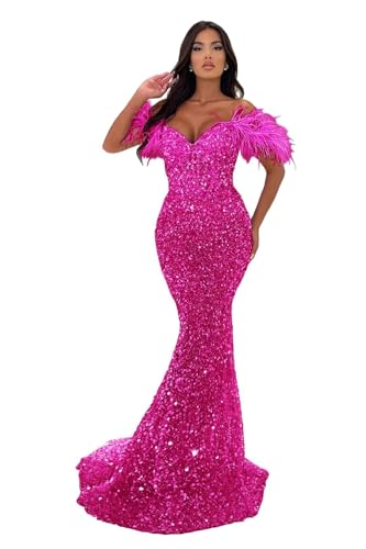 Image of Sequin Feathers Mermaid Prom Dresses 2026 Off Shoulder Sparkly Long Formal Evening Party Gowns with Train