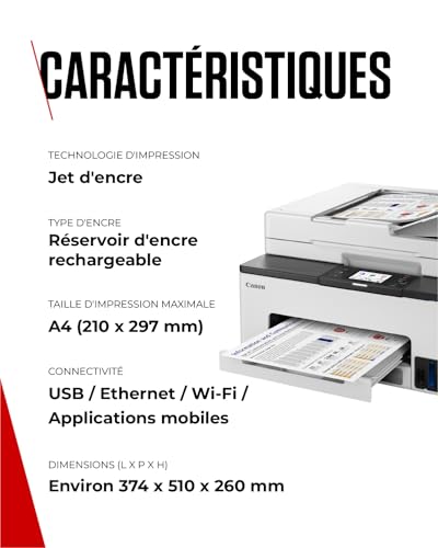 Canon MAXIFY GX2051 Imprimante A4 Couleur pour la Maison et Le Bureau, Imprimante, Copieur, Scanner et Télécopieur Jet d'encre MegaTank Tout-en-Un, Wi-FI, Ethernet, USB | Comprend 6 bouteilles d'encre