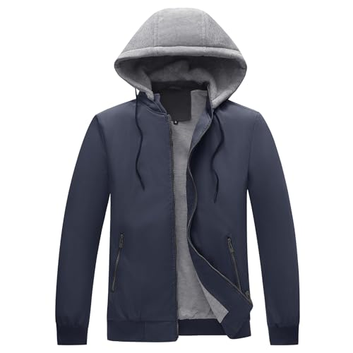 KUDORO Blouson Homme Léger pour Printemps Été avec Capuche Amovible Zippée Veste d'Extérieur Casual Bomber Coupe-Vent de l'Aviateur Classique(Bleu marin,S)