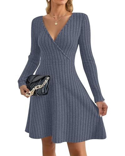 AUSELILY Strickkleid Damen Herbst Leichte Langarm V-Ausschnitt Winterkleid A Linie Elegant Herbstkleid Knielang Kleid Midi Pulloverkleid Tunikakleid...