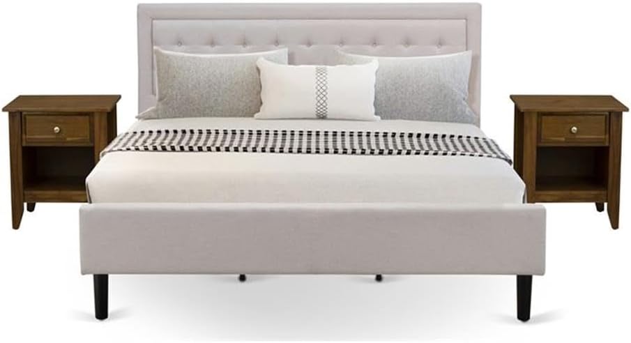 East West Furniture FN08K-2GA08 3-Piece Fannin King Bedroom Set with 1 King Bed Frame and 2 Night Stands for Bedrooms - Reliable and Sturdy Manufacturing - Mist Beige Linen Fabric