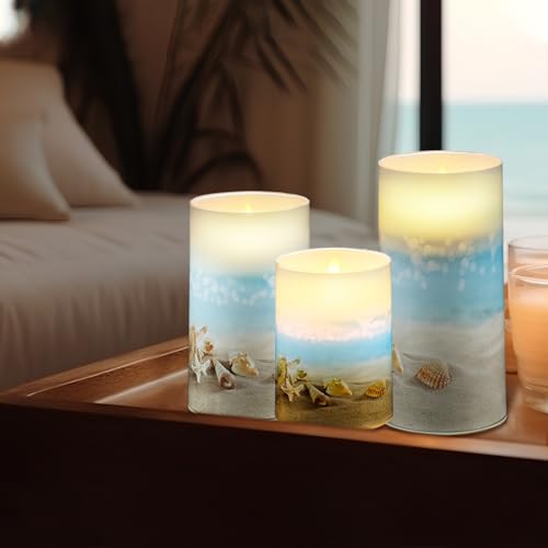 Image of Tujoe 3 Pcs Summer Starfish Flameless Candles LED Battery Pillar Candles Set Battery Operated Flickering Gifts with Remote Starfish Decorations for Holiday