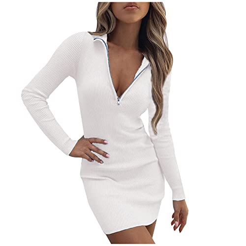 TRIGLICOLEUM Strickkleid Damen Sexy Einfarbige Etuikleid Winterkleid Reißverschluss V-Ausschnitt Pulloverkleid Winter Langarm Wickelkleid Bodycon...
