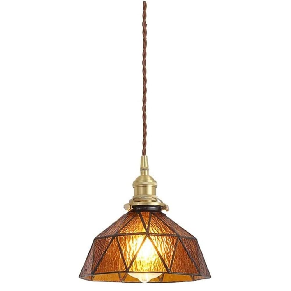 BLOOHK Amber Stained Glass Pendant Light, Vintage Style Geometric Hanging Lamp, Retro Brass Chandelier for Kitchen Island, Dining Room, Bedside, Art Decor