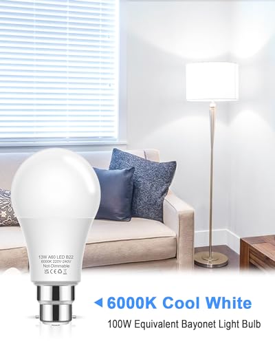 Flaspar Bayonet Light Bulbs, 100W Equivalent B22 LED Bulbs Bayonet, 6000K Cool White, 1200LM, 13W Daylight Bulbs BC GLS A60 Energy Saving for Chandelier, Living Room, Non-dimmable, Pack of 3 - Image 4