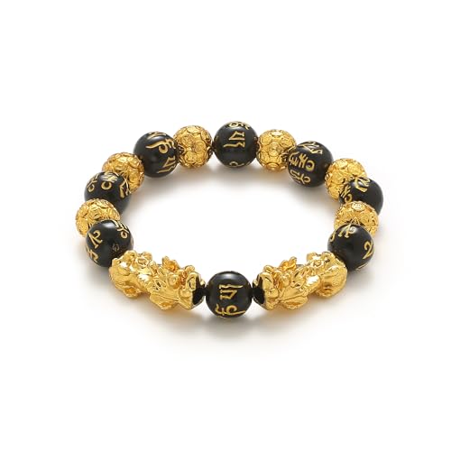 KINLNGEE Dual 24K Gold Plated Pixiu Feng Shui Obsidian Bracelet, Lucky Wealth Charm & Dragon Protection for Men/Women, Mantra Prayer Beads Bracelets, Protective Amulet Gift, Jewelry Gifts(10mm)