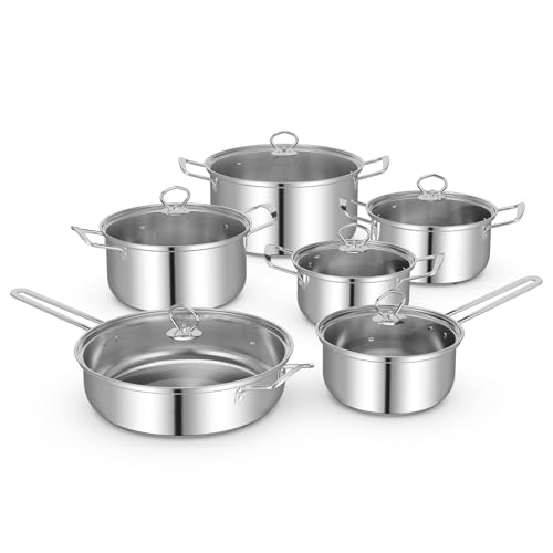 Giantex 12 Piece Pots & Pans Set, Stainless Steel Cookware Set w/Tempered Glass Lids, Handles & 3-Ply Base, 4 Stockpots, 1 Frying Pan & 1 Sauce Pan for Stovetop, Induction, Halogen