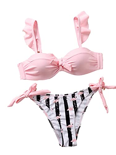 Lilosy Cute Flamingo Bandeau Underwire Padded Push Up Thong Bikini Swimsuit Set For Women Ruffle Strap Knotted Top And Side Tie Bottom Bathing Suit Pink Small #TOP1