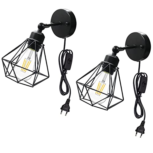 QEIDUISE lámpara de pared rústica,Lámpara de pared industrial con cable enchufable,lámpara de pared de metal base E26/E27,interruptor de encendido/apagado, lámpara de pared vintage para cabecero
