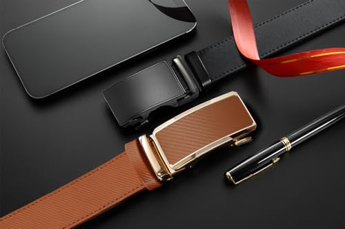 Image of Men's Ratchet Leather Belt Set - 2 Pack Sliding Belt Adjustable For Gift Mens Dress Casual 1 3 /8 inch,Cut for Fit