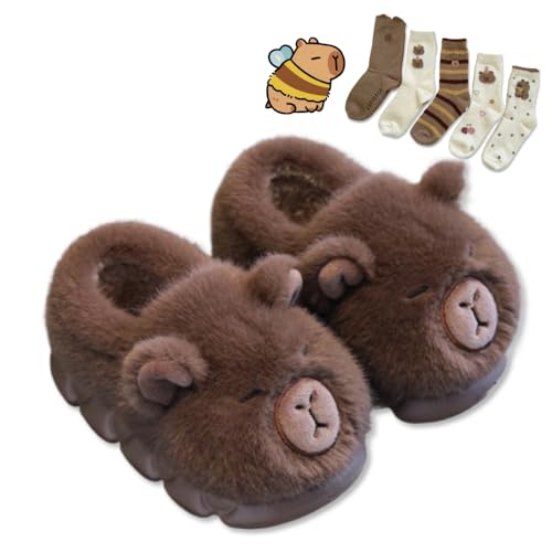 Cute Capybara Slippers for Women Girls Daughters - 5 Pairs of Socks Capybara Cartoon Pattern Christmas Gift Set, Fluffy House Slippers Warm Fuzzy Cotton Indoor Comfort Wear Slides Non Slip Sole