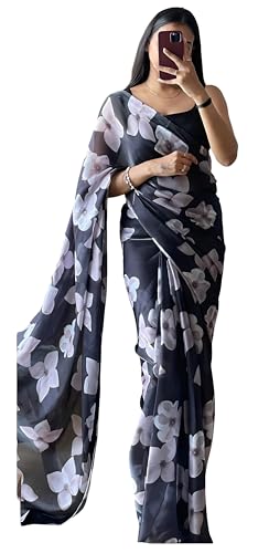 Image of StyleScope Women's Georgette Printed Lace Bordered Ready To Wear One Minute Saree With Print Unstitched Blouse Piece (RTW Mix Free Size)