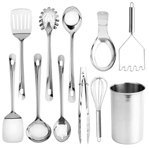 COOK WITH COLOR Stainless Steel Kitchen Utensil Set – 10-piece premium Nonstick & Heat Resistant Kitchen Gadgets, Turner, Spaghetti Server, Ladle, Serving Spoons, Whisk, Tongs, Masher & Utensil Holder
