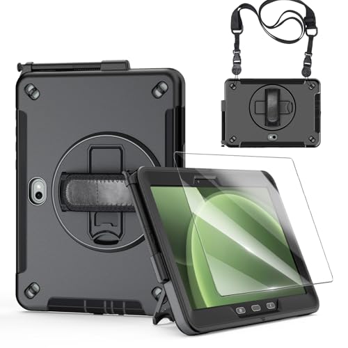 Junfire Shockproof Case for Samsung Galaxy Tab Active5 Pro 2025/ Active4 Pro 2022, Heavy Duty Rugged Case with Screen Protector/Hand Strap/360°Rotating Stand/Shoulder Belt/Pencil Holder, Black