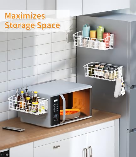 Image of 2Pack Magnetic Shelf for Refrigerator with Removable Hooks(White) | Strong Magnetic Spice Rack for Kitchen Storage, Fruit Potato Onion Storage Shelves, Large Magnetic Basket Organizer