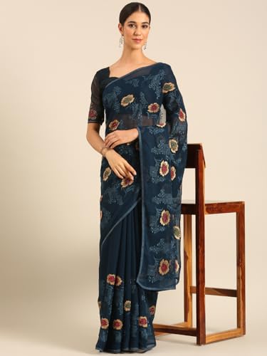 Image of Panzora Women's Chiffon Embroiderd Saree With Blouse Piece