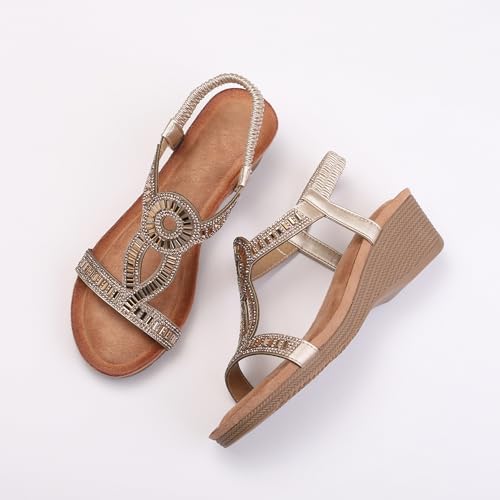 FRALOSHA Wedge Sandals for Women Dressy Elastic Ankle Strap Rhinestone Casual Summer Low Heel Comfortable Shoe2