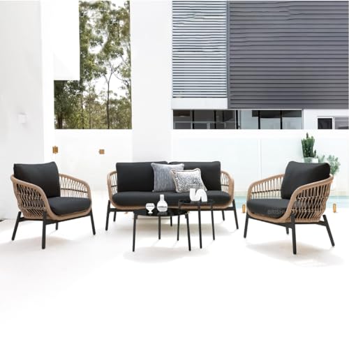 Image of BRISHI Outdoor 4 Seater Sofa Set | Balcony Sofa | Patio Furniture Sets | Conversation Sets | Braid & Rope Garden 4 Seater Sofa Set with Center Table (Tan & Black)