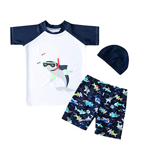 Toddler Boys Two Pieces Swimsuit Set, Short Sleeve Sunsuit Swim Trunk for Kids Bathing Suits UPF 50+(#2-Straw Shark, 1-2 T)